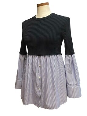 KENZO Paris Mixed Ribbed Knit And Cotton Poplin Shirt Sweater Minimalist Preppy